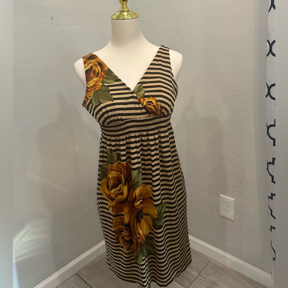 Enfocus Studio One Shoulder Dress with Yellow Floral and Black Stripes‎